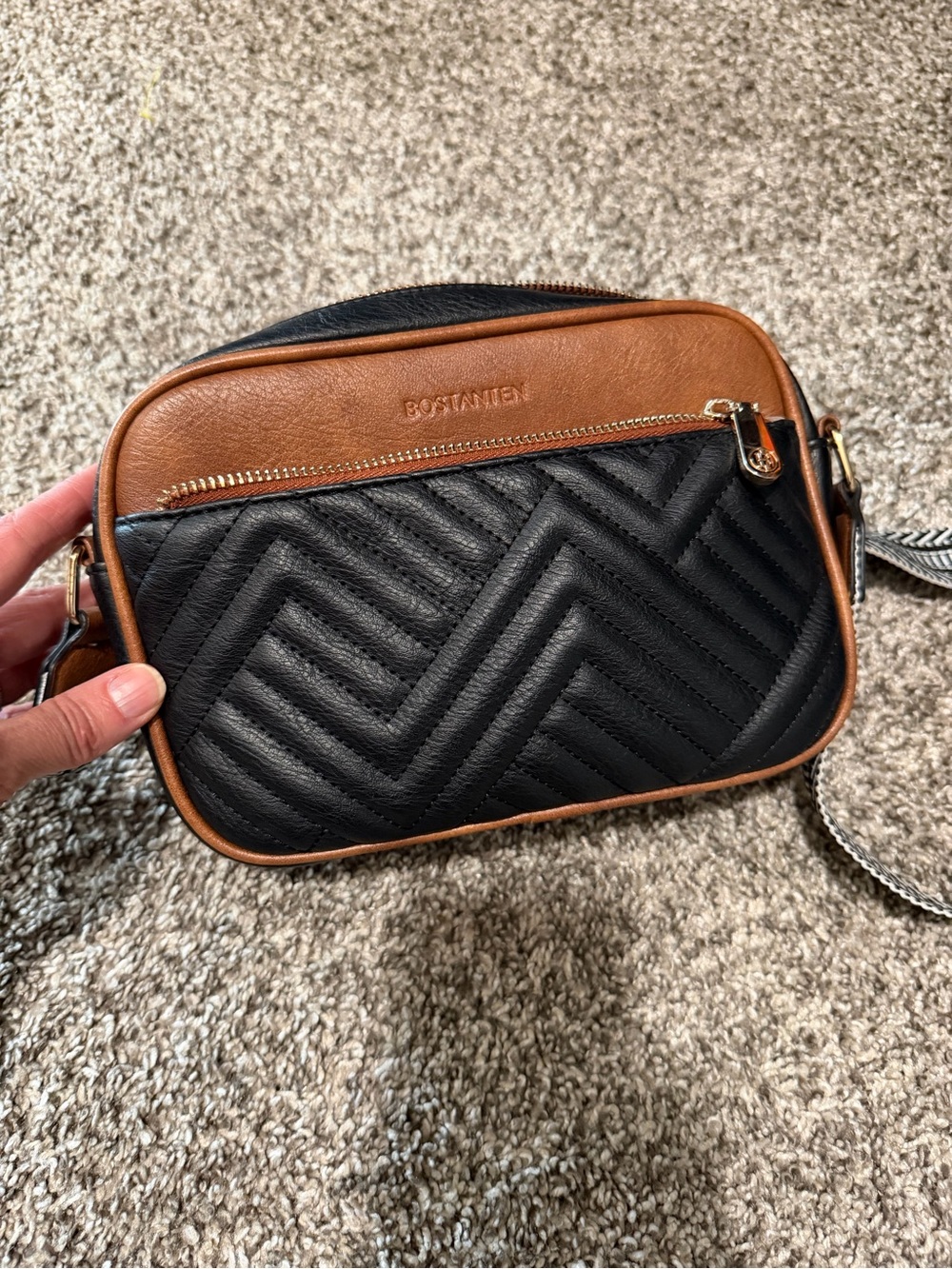 BOSTANTEN Black and Brown Quilted Crossbody Bag